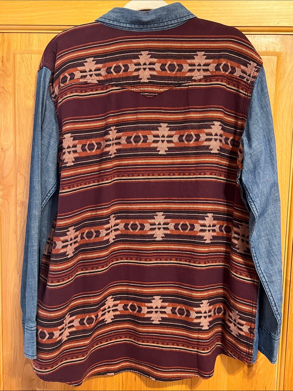 Wrangler Blue Denim Western Button-Down Shirt with Rust Yoke - Picture 7 of 9